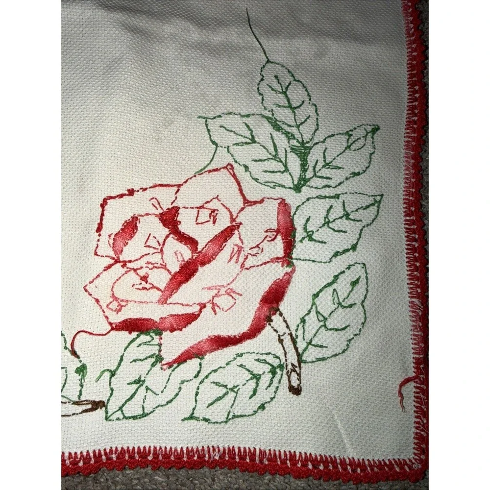 Antique Floral Table Runner Pink Rose Cross Stitch Farmhouse Cottagecore 43x16”